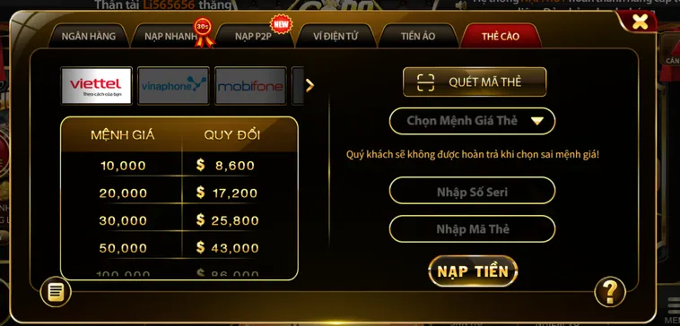 Nạp tiền thẻ cào thu hút cược thủ đến với Go88.